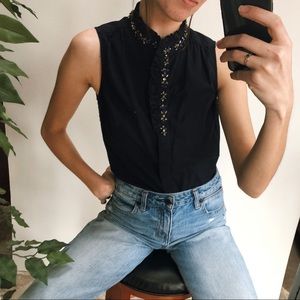 J.Crew Navy Beaded Lettuce Edge Collar Button Down